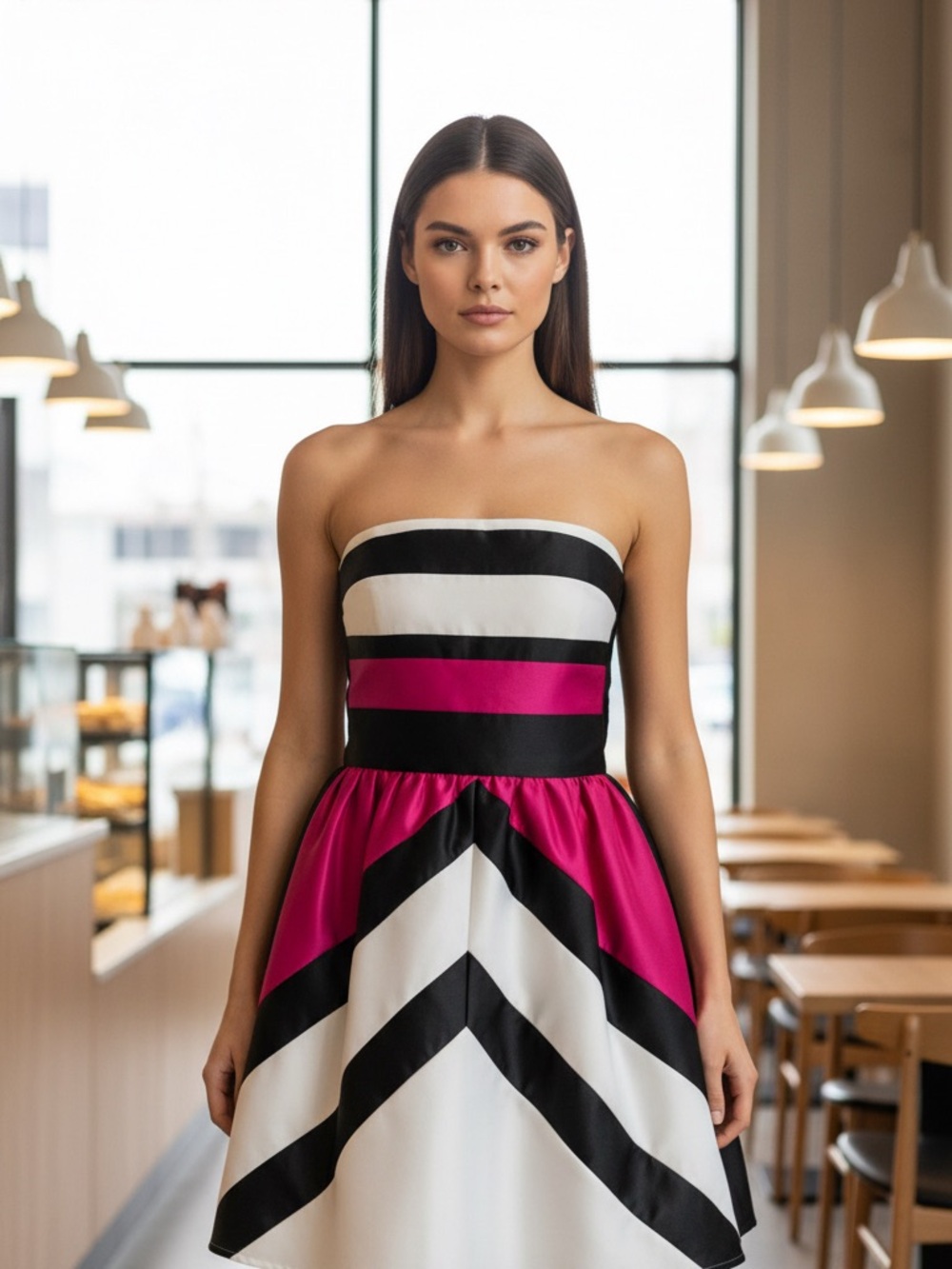 Teeze Me Strapless Chevron Fit & Flare Dress in Fuchsia, Black & White